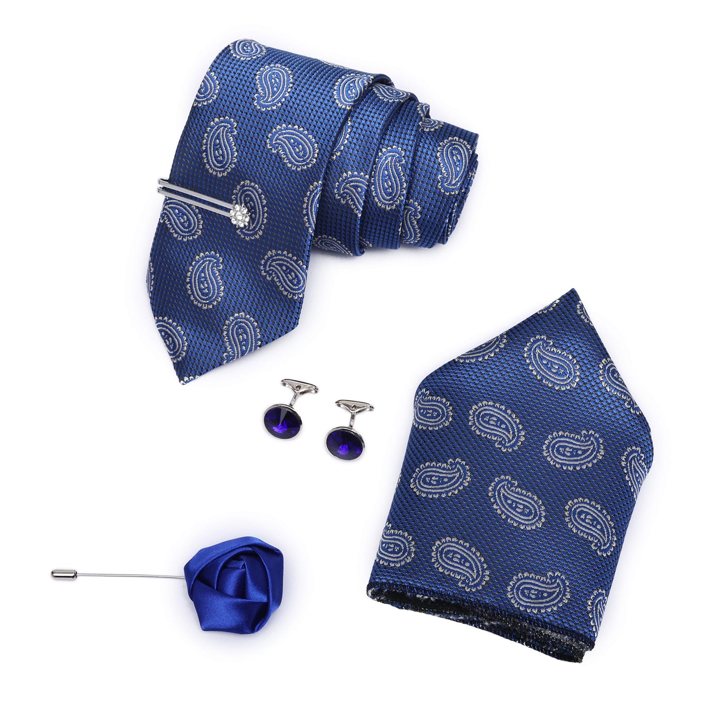 Marine Blue Italian Silk Neckties Set Pocket Square Silver Tiepin Cufflinks & Brooch