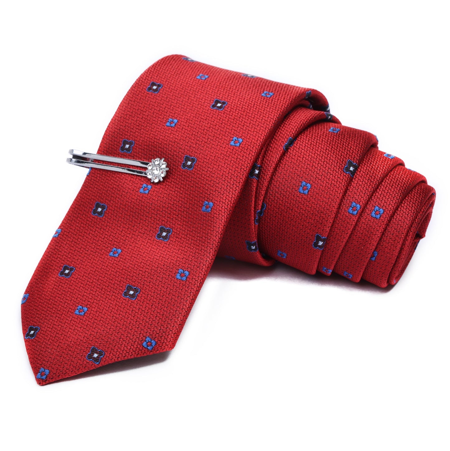 Red Italian Silk Neckties set Pocket Square Silver Tie Pin Cufflinks & Brooch