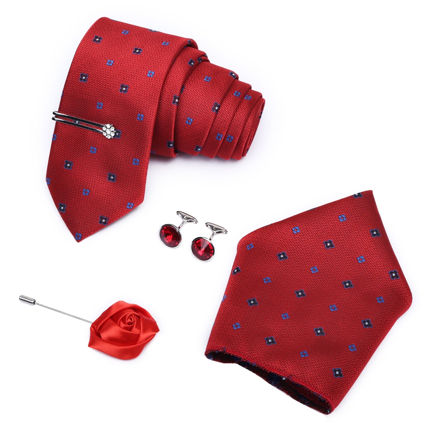 Red Italian Silk Neckties set Pocket Square Silver Tie Pin Cufflinks & Brooch