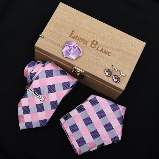 Lavender Italian Silk Neckties Set Pocket Square Silver Tie Pin Cufflinks & Brooch