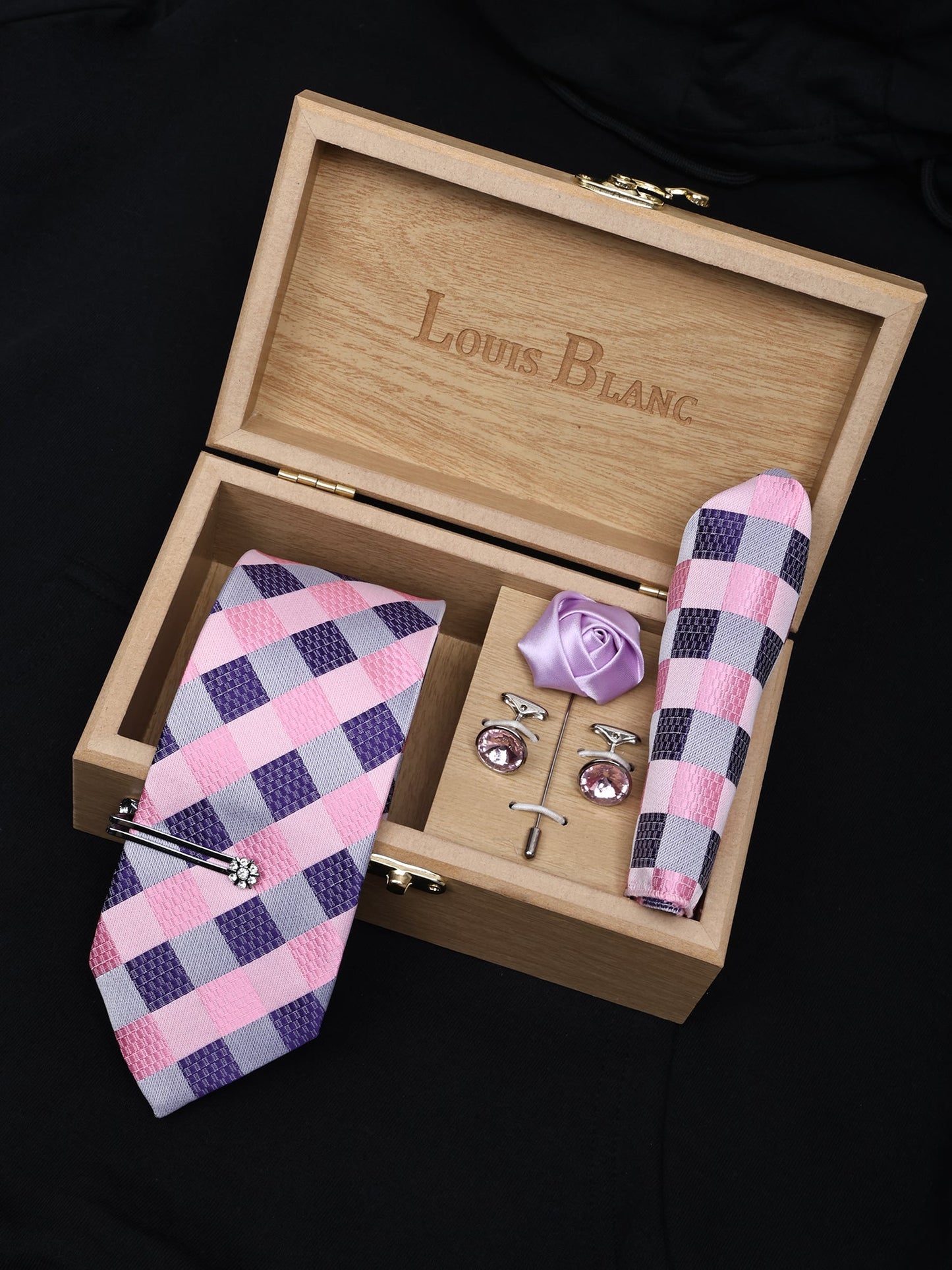 Lavender Italian Silk Neckties Set Pocket Square Silver Tie Pin Cufflinks & Brooch