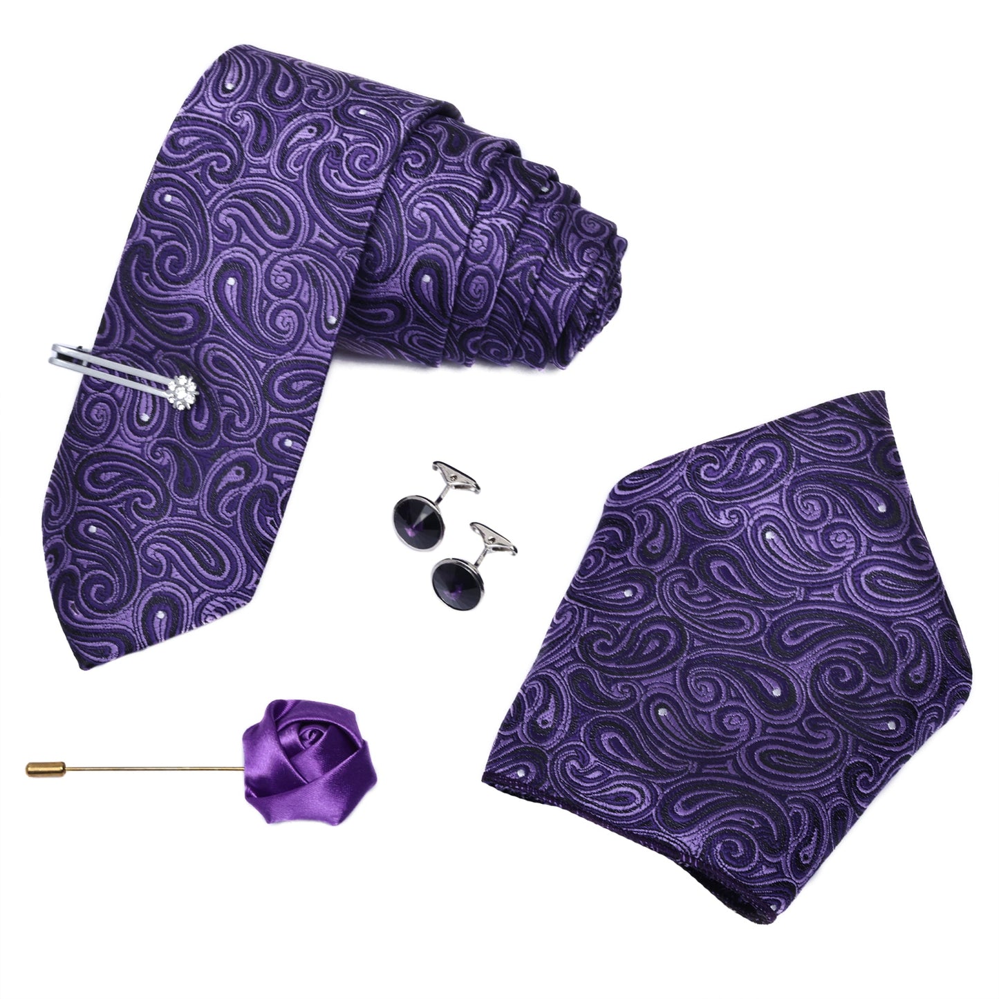 Heliotrope Purple Italian Silk neckties Set With Pocket Square Cufflinks Brooch Silver Tiepin