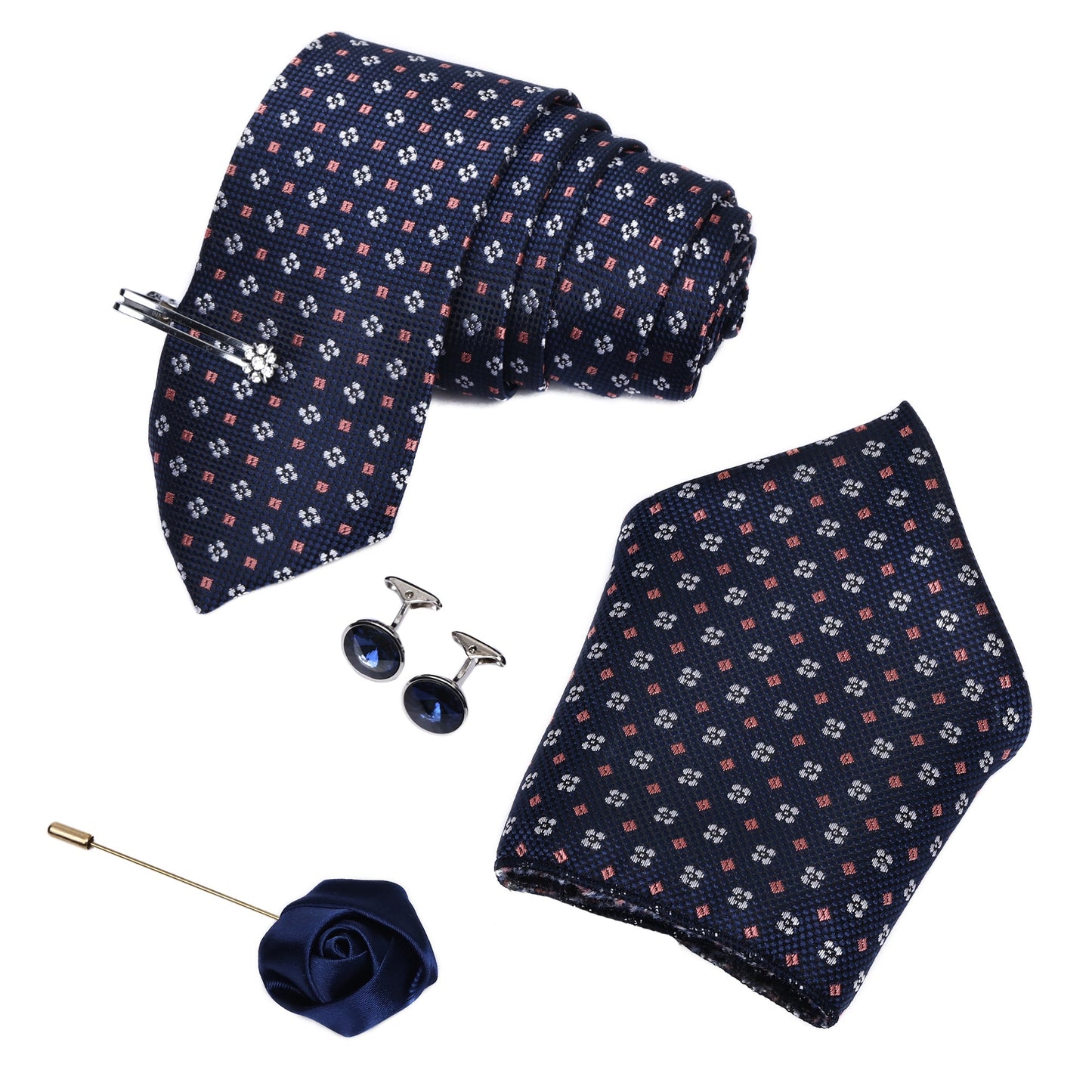 Denim Blue Italian Silk Necktie Set Pocket Square Silver Tiepin