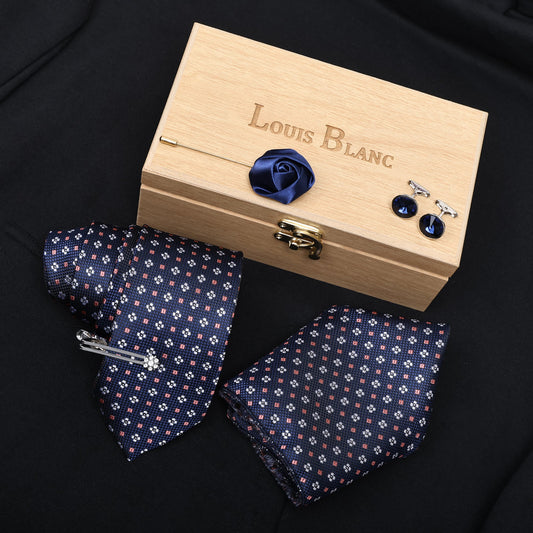 Denim Blue Italian Silk Necktie Set Pocket Square Silver Tiepin