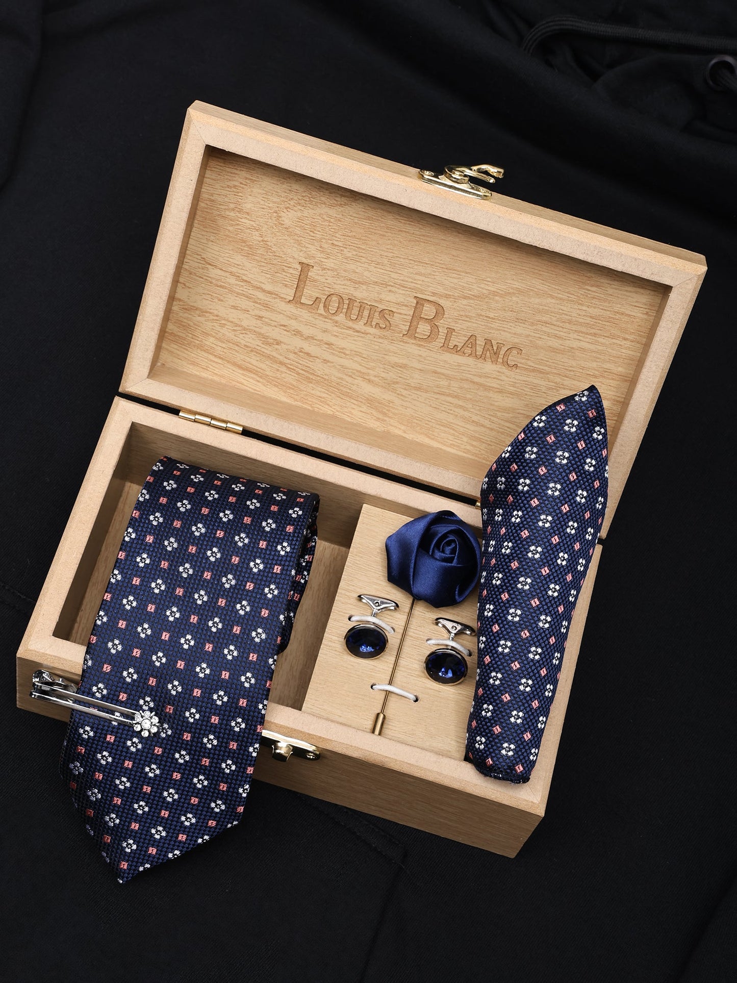 Denim Blue Italian Silk Necktie Set Pocket Square Silver Tiepin