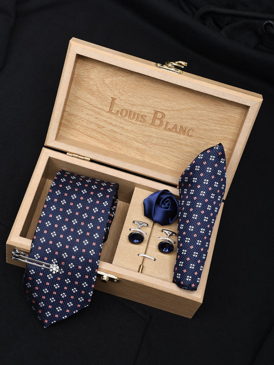 Denim Blue Italian Silk Necktie Set Pocket Square Silver Tiepin