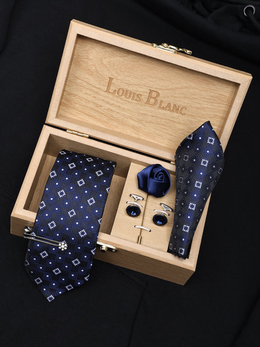 Block Navy Blue Italian Silk Neckties Set Pocket Square Tiepin Cufflinks & Brooch