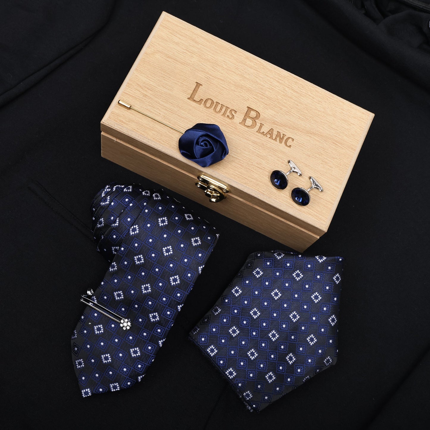 Block Navy Blue Italian Silk Neckties Set Pocket Square Tiepin Cufflinks & Brooch