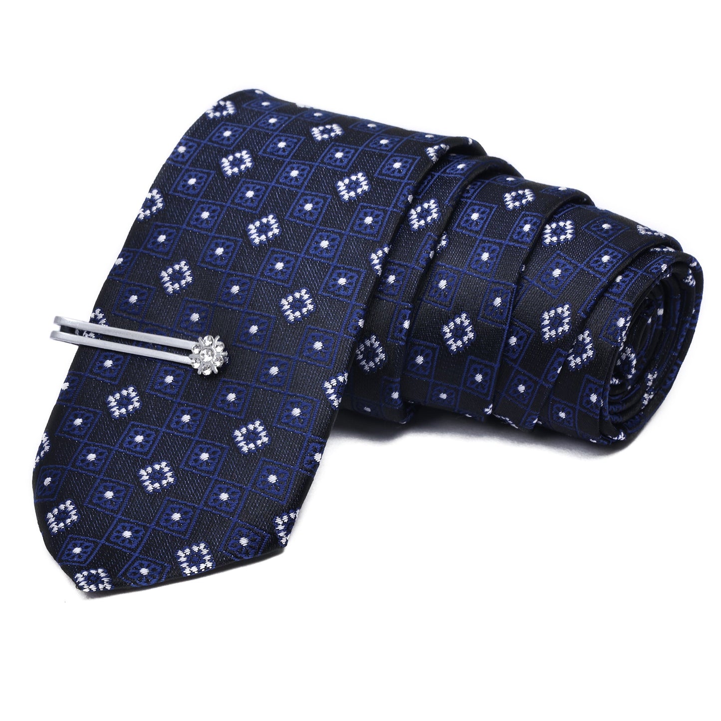Block Navy Blue Italian Silk Neckties Set Pocket Square Tiepin Cufflinks & Brooch