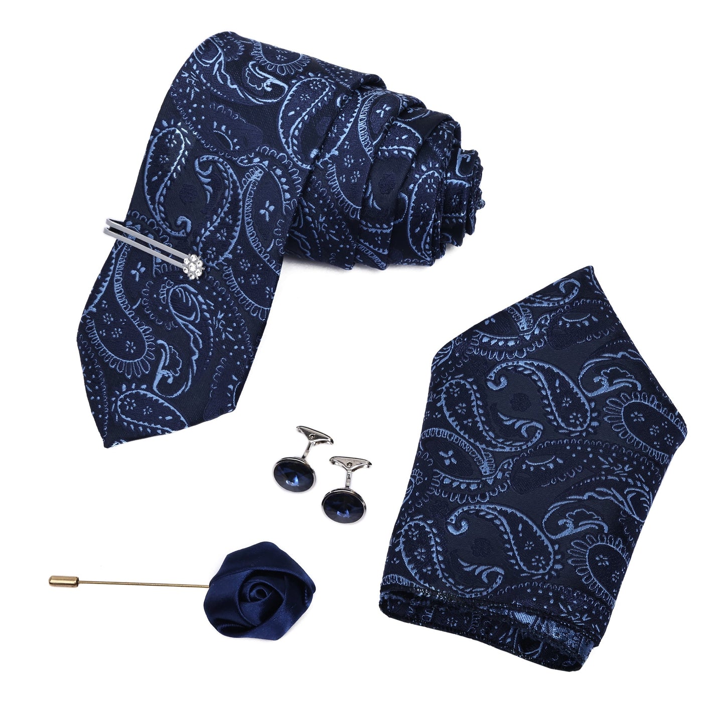Kari Navy Italian Silk Neckties Set With Pocket Square Cufflinks Brooch Silver Tiepin