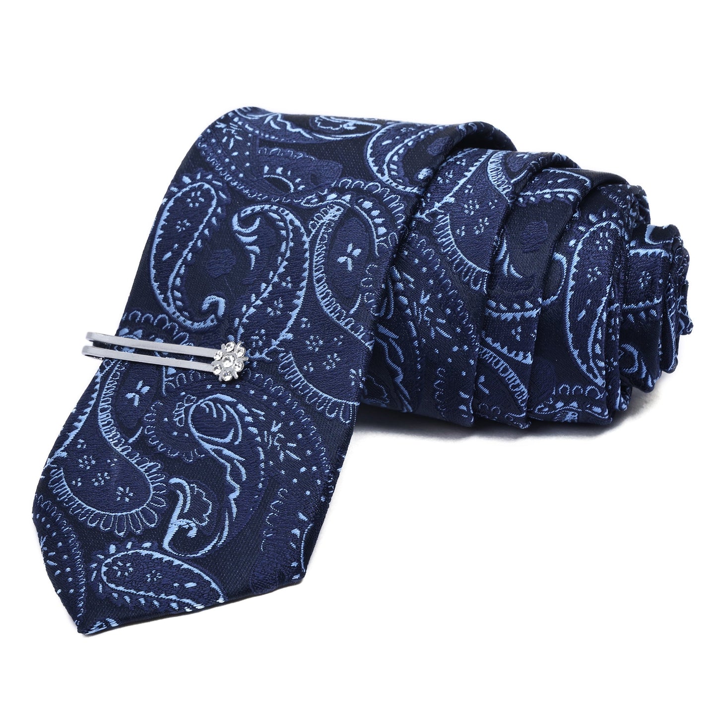 Kari Navy Italian Silk Neckties Set With Pocket Square Cufflinks Brooch Silver Tiepin