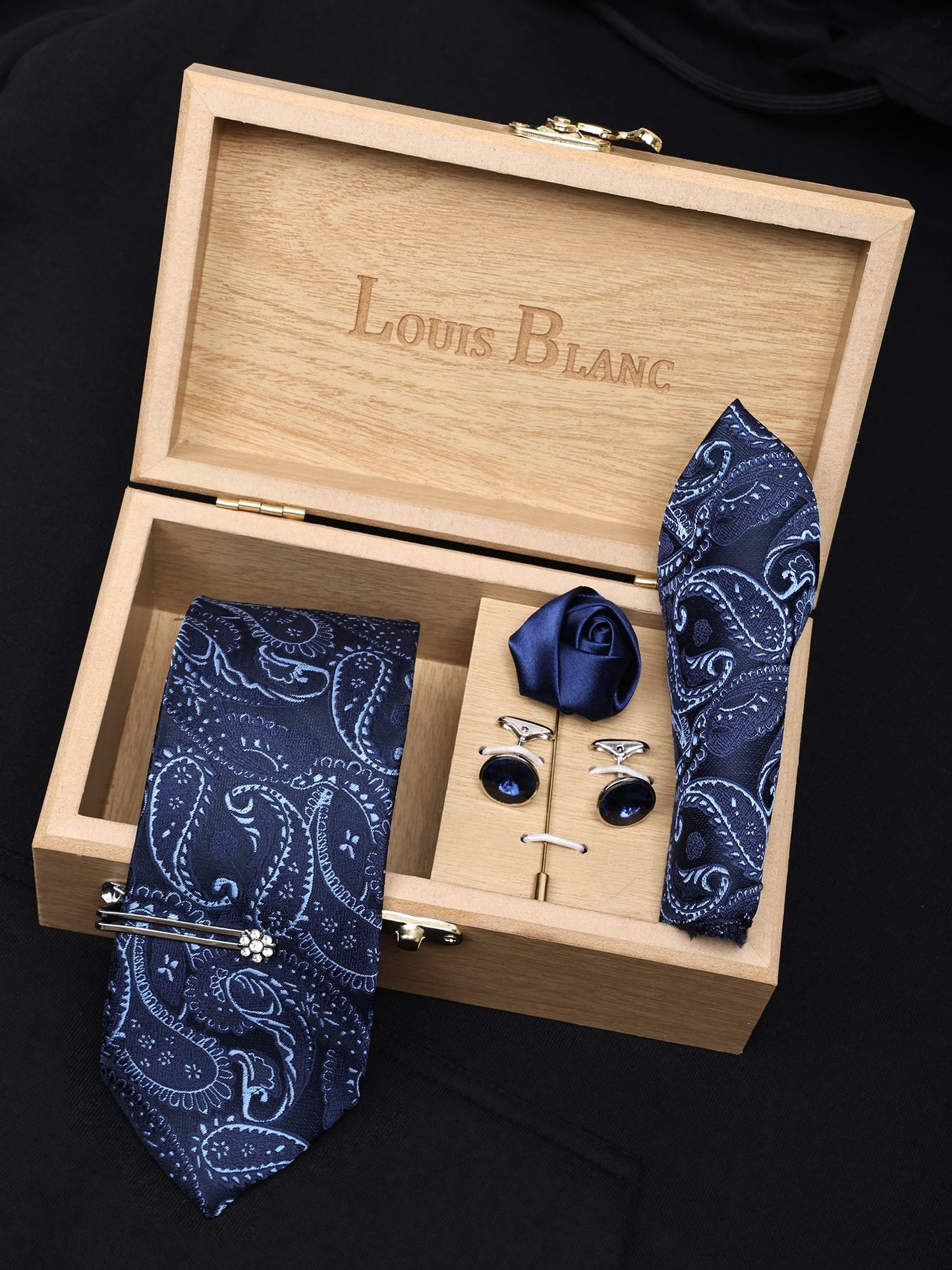 Kari Navy Italian Silk Neckties Set With Pocket Square Cufflinks Brooch Silver Tiepin