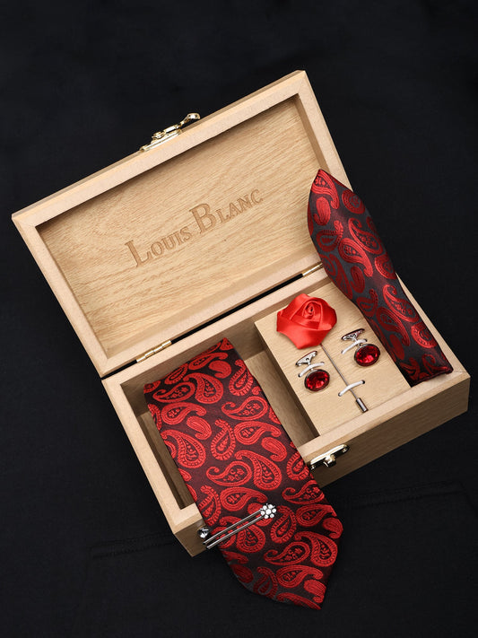 Kari Red Italian Silk Neckties Set Pocket Square Silver Tiepin