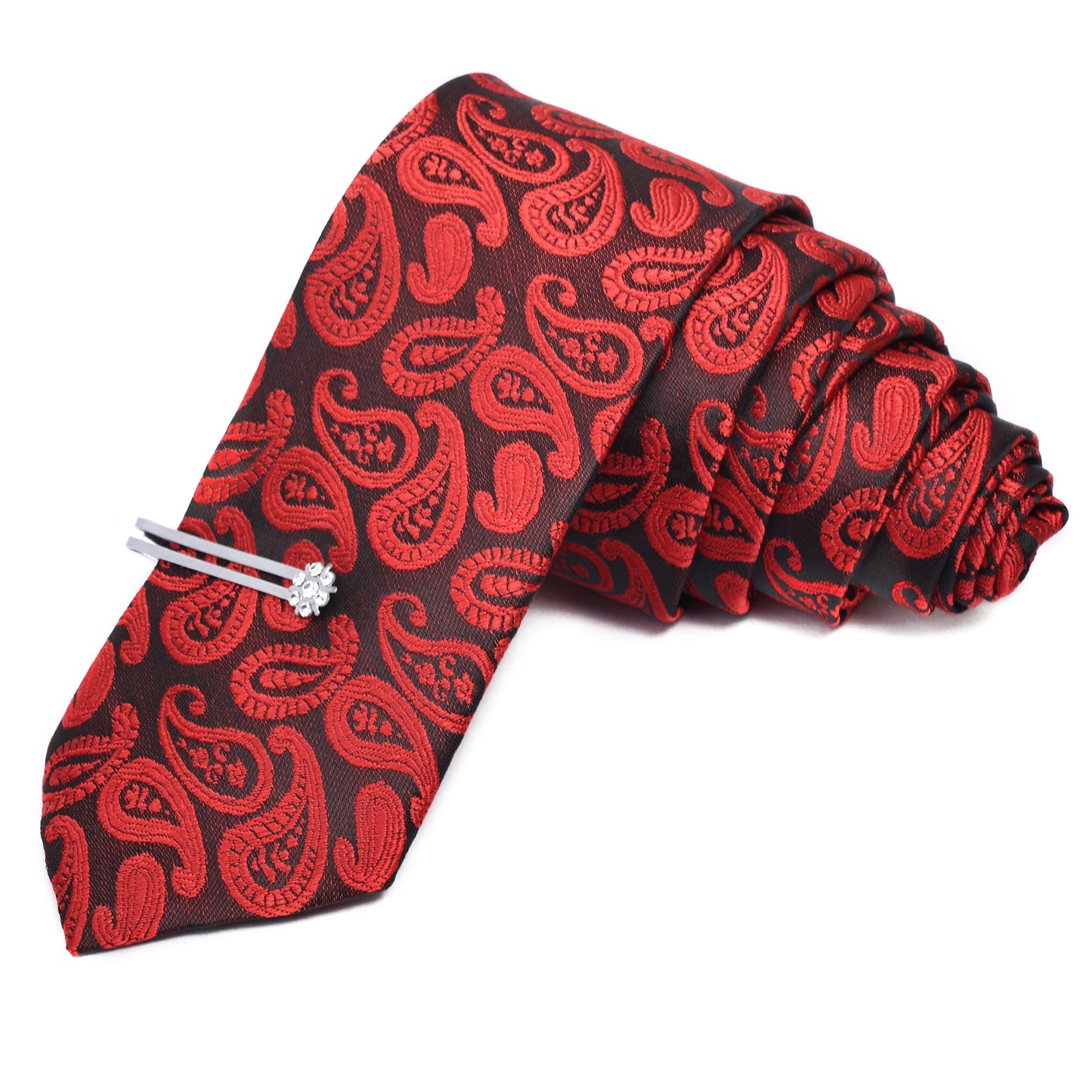 Kari Red Italian Silk Neckties Set Pocket Square Silver Tiepin