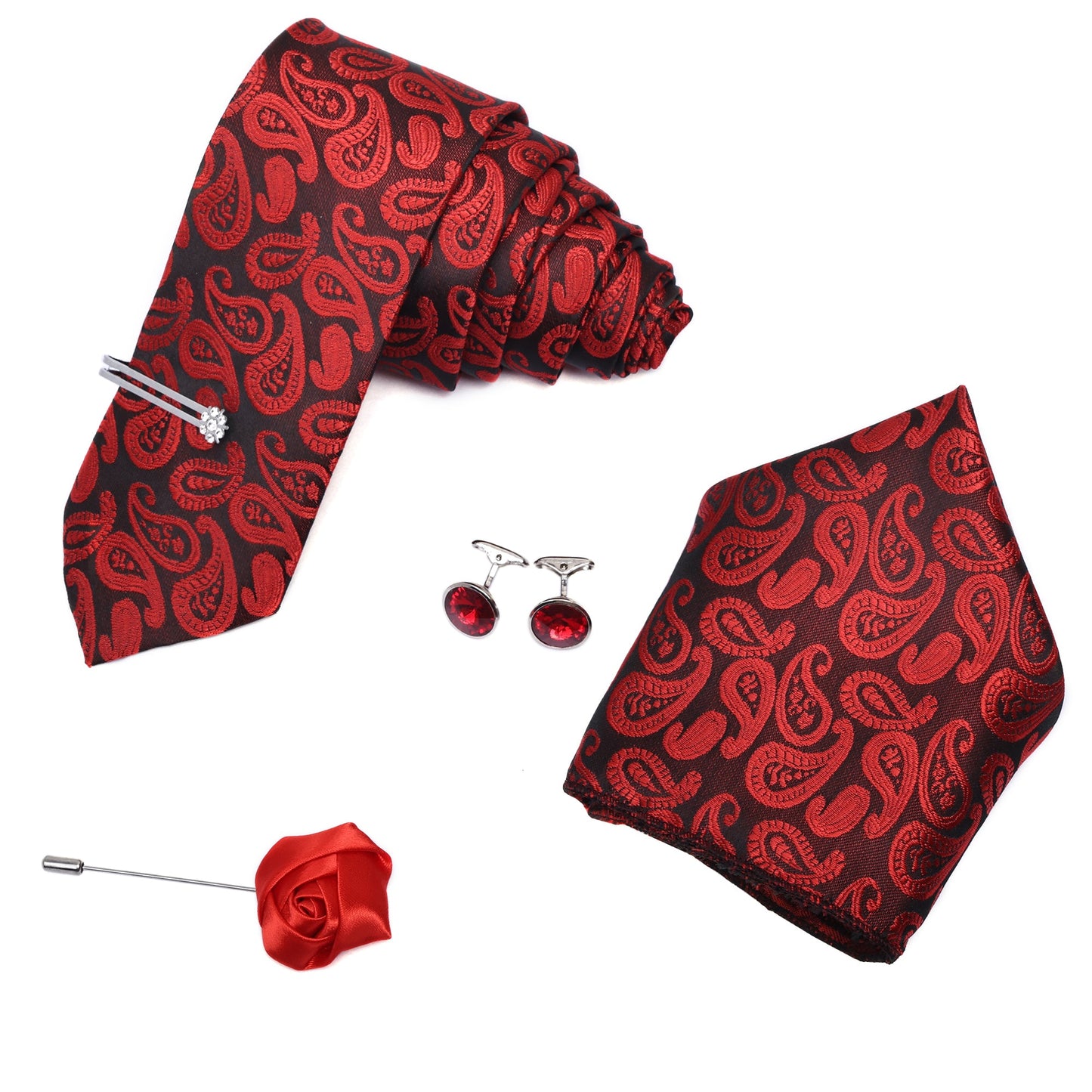 Kari Red Italian Silk Neckties Set Pocket Square Silver Tiepin