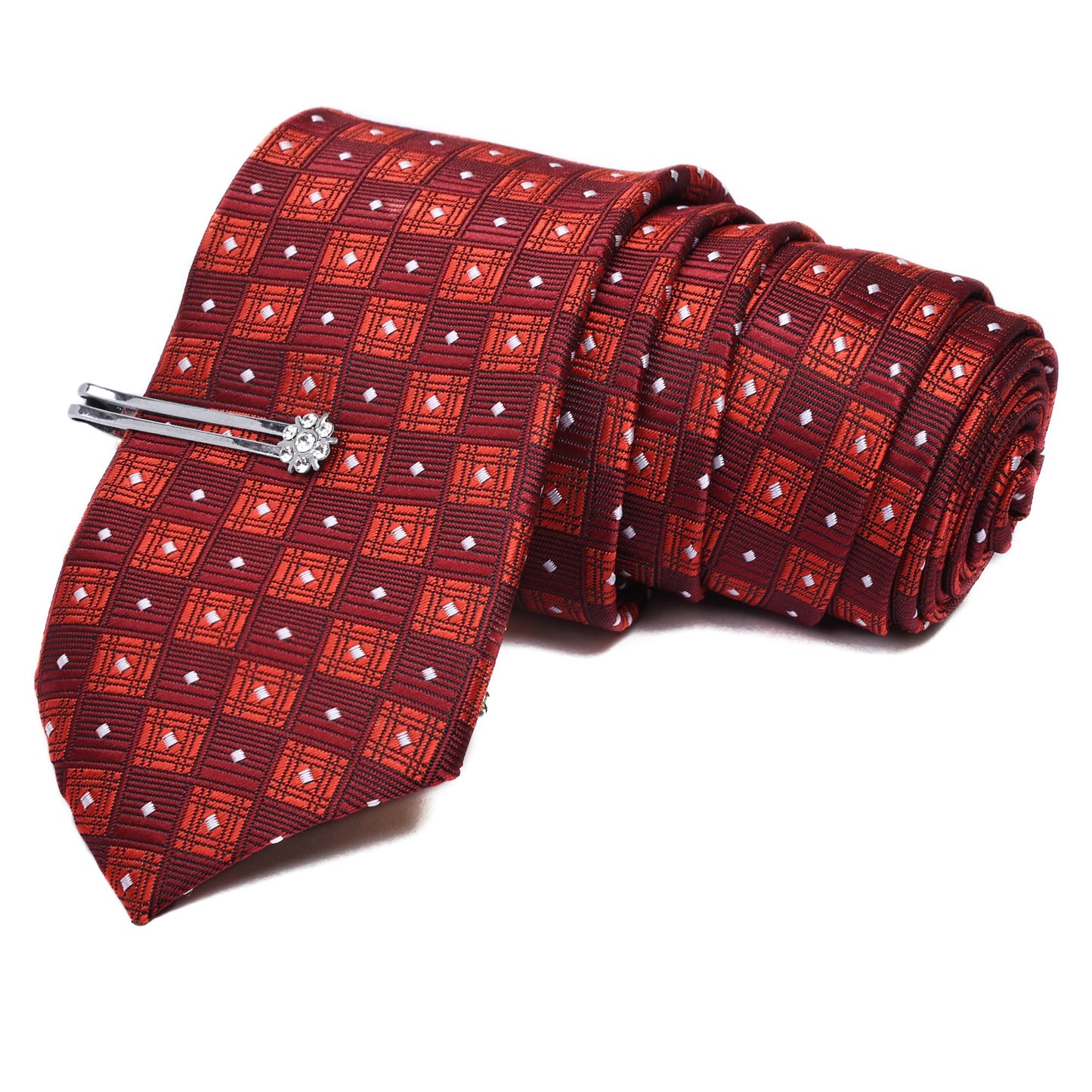 Red & White Block Italian Silk Neckties Set Pocket Square Silver Tiepin