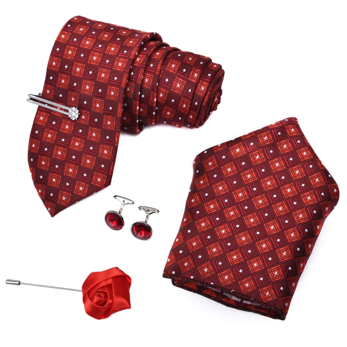 Red & White Block Italian Silk Neckties Set Pocket Square Silver Tiepin
