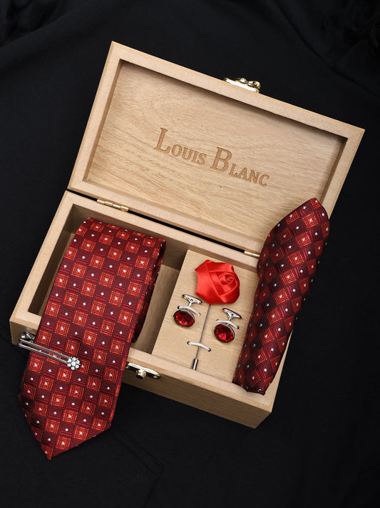 Red & White Block Italian Silk Neckties Set Pocket Square Silver Tiepin