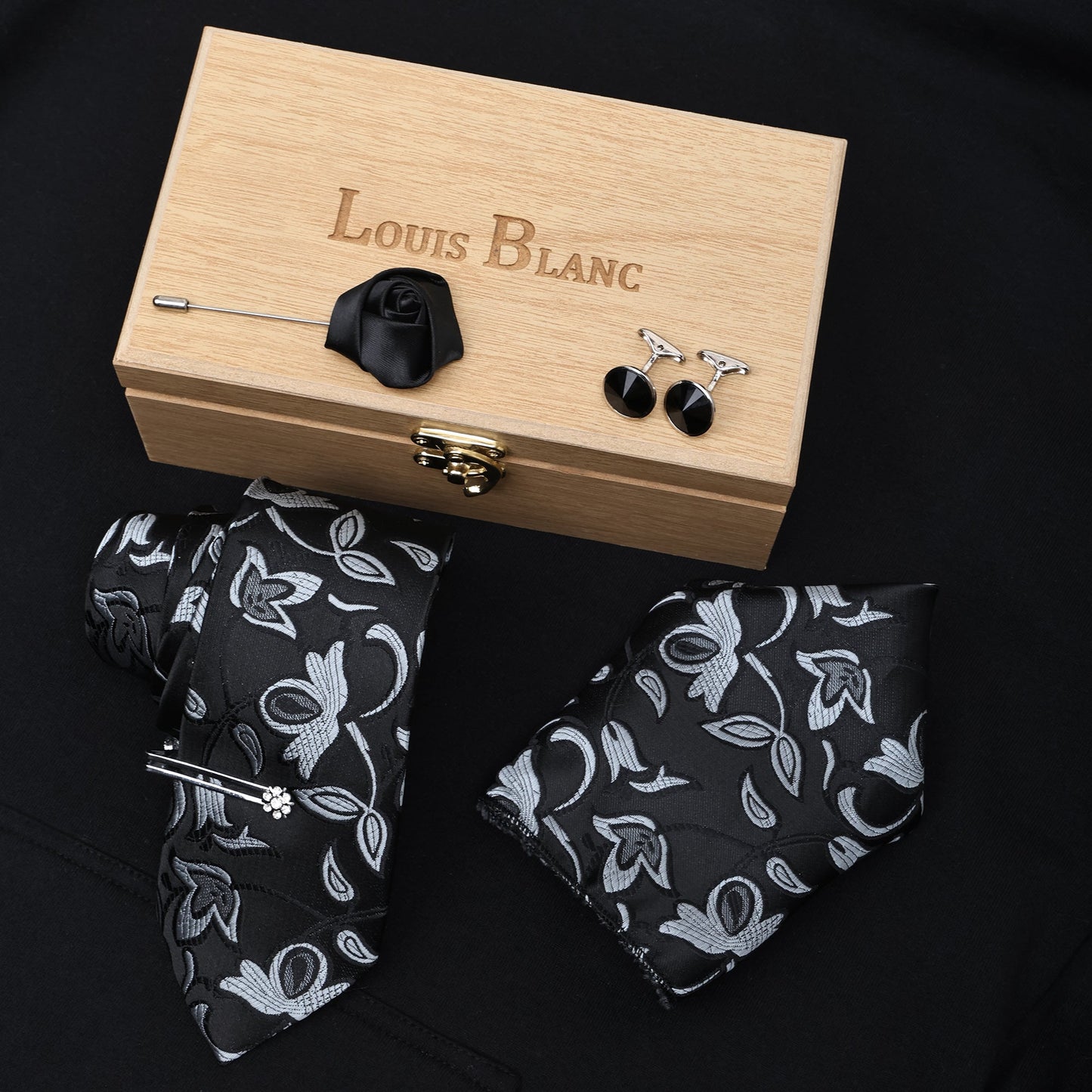 Sable Black Italian Silk Neckties Set Pocket Square Silver Tiepin Cufflinks & Brooch