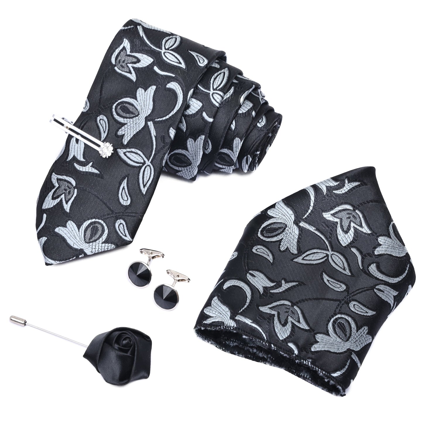 Sable Black Italian Silk Neckties Set Pocket Square Silver Tiepin Cufflinks & Brooch