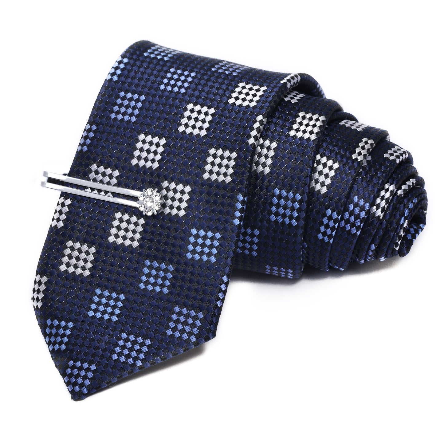 Royal Blue Crystal Navy Italian Silk Neckties Set Pocket square Silver Tiepin
