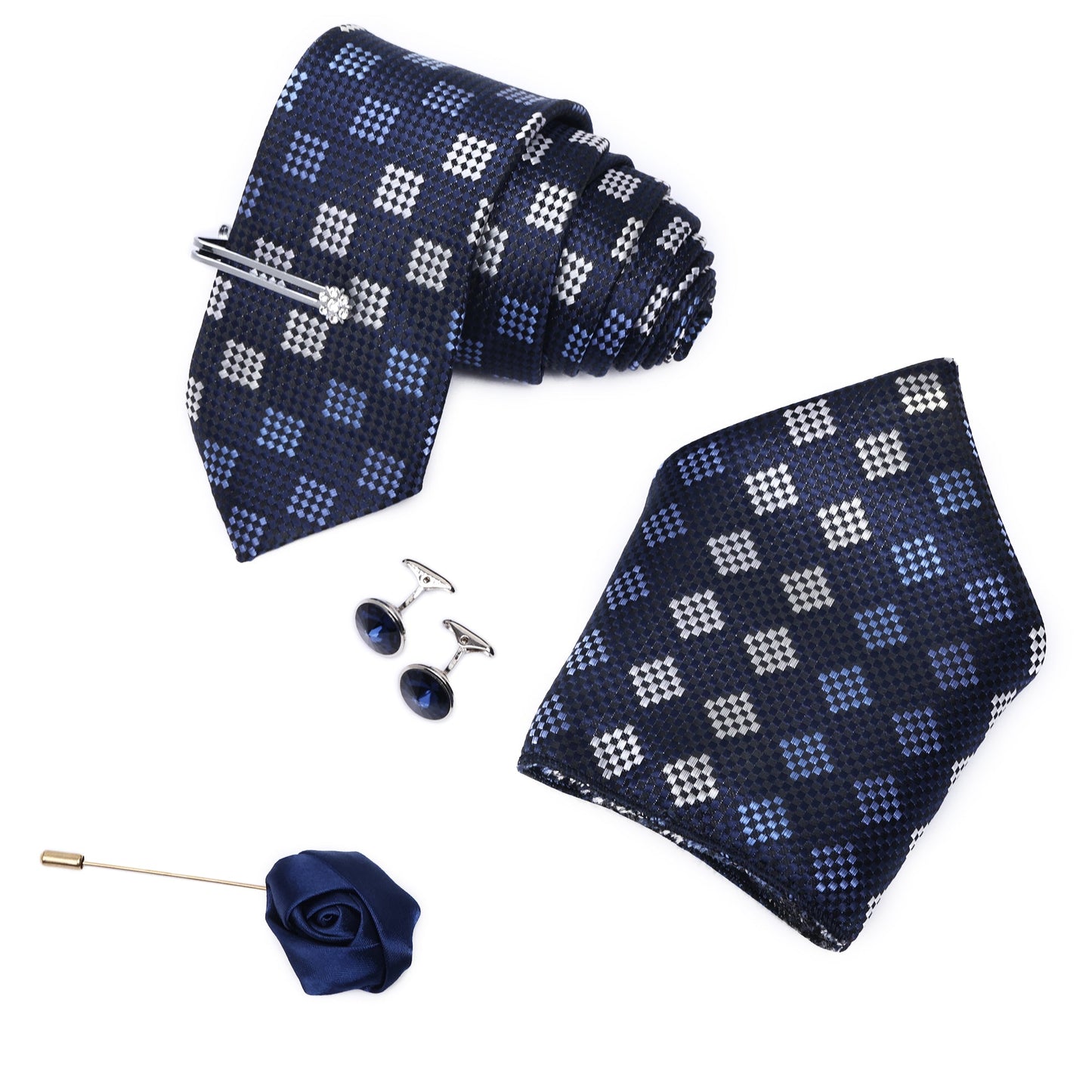 Royal Blue Crystal Navy Italian Silk Neckties Set Pocket square Silver Tiepin