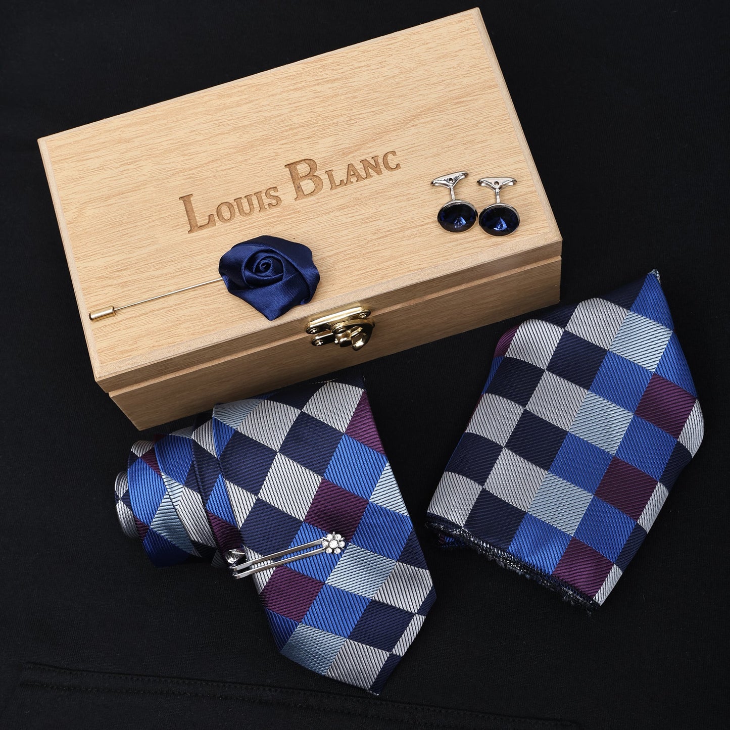 Royal Blue Italian Silk Neckties Set Pocket Square Silver Tiepin Cufflinks & Brooch.