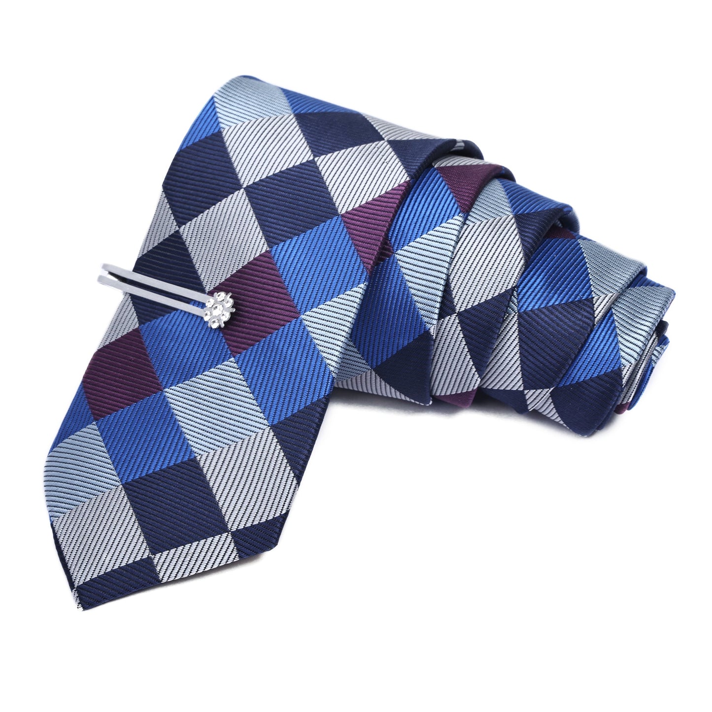 Royal Blue Italian Silk Neckties Set Pocket Square Silver Tiepin Cufflinks & Brooch.