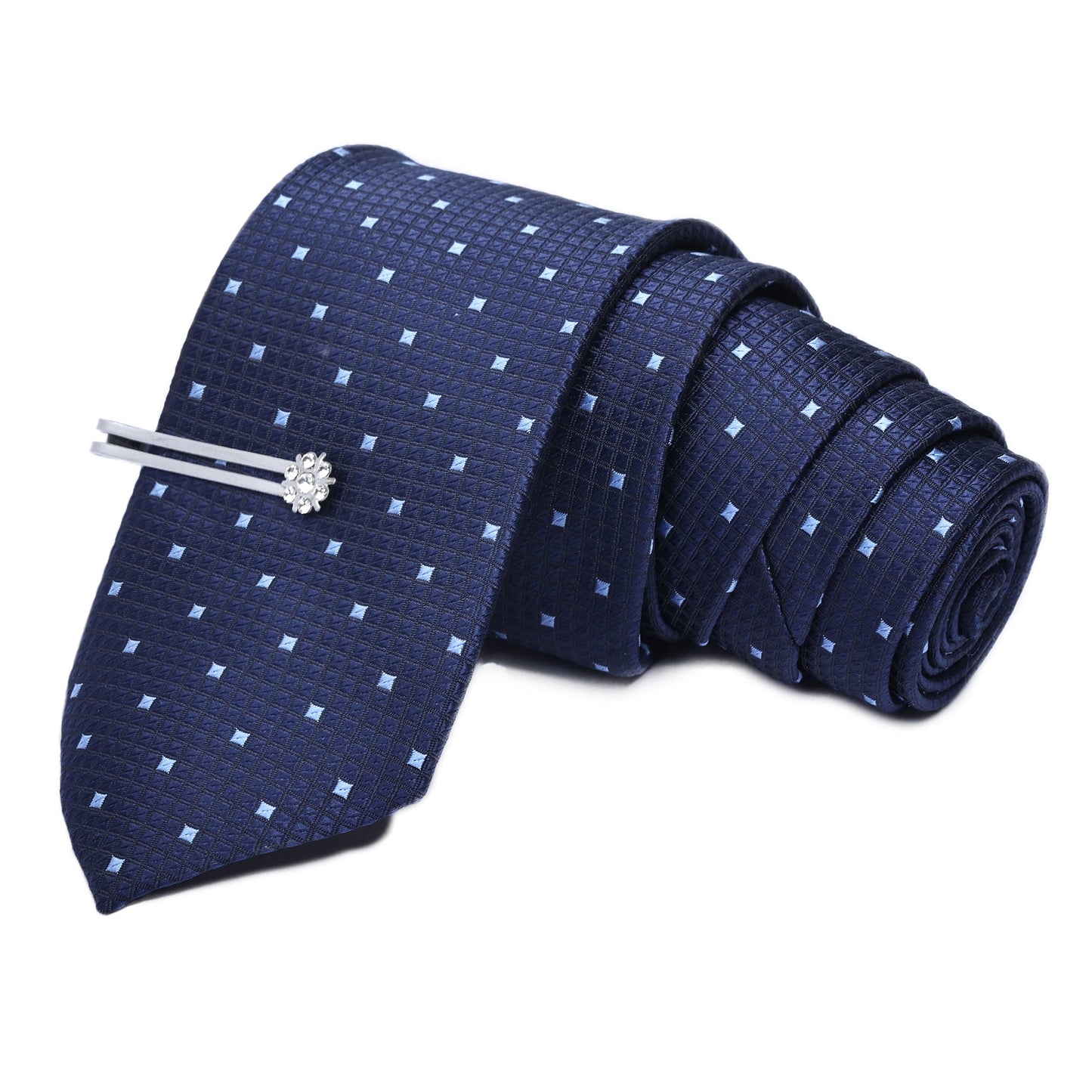 Sky Crystal Navy Italian Silk Neckties Set Pocket Square Silver Tiepin