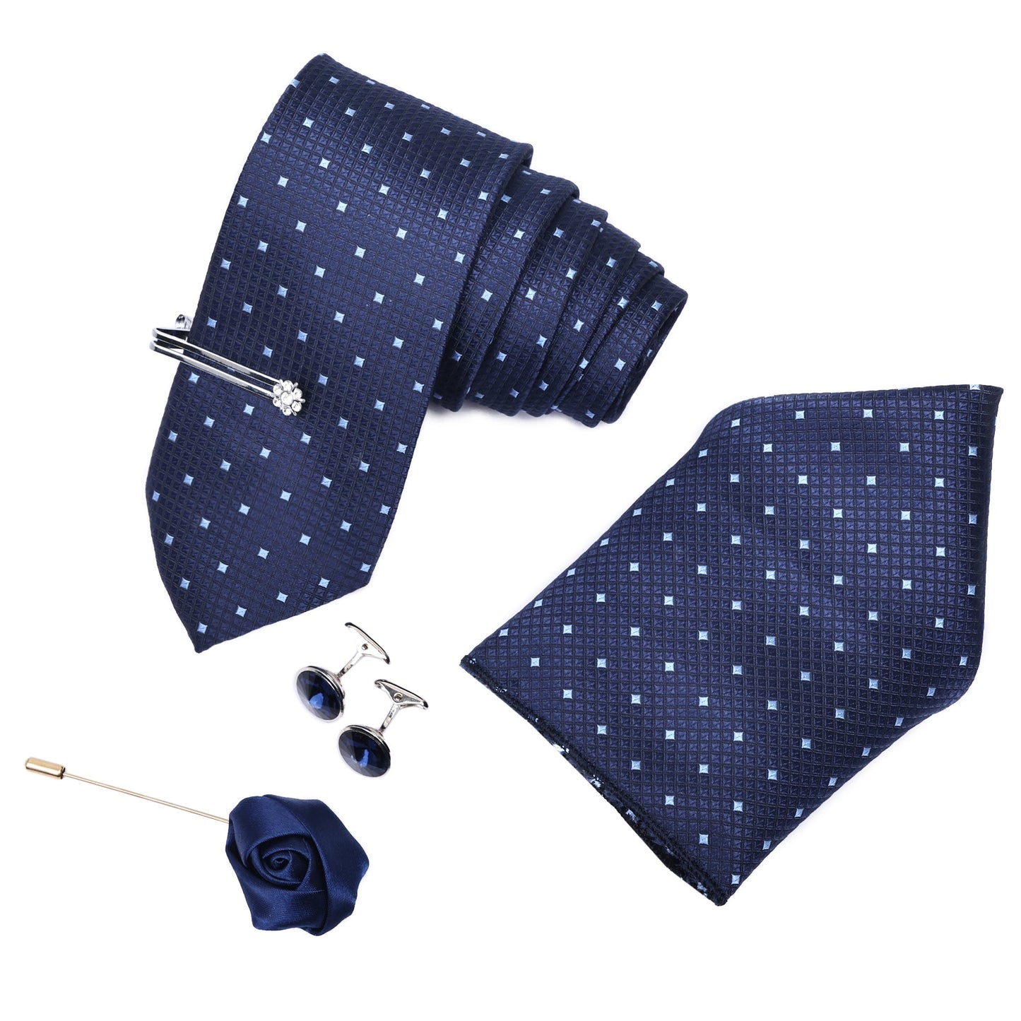 Sky Crystal Navy Italian Silk Neckties Set Pocket Square Silver Tiepin