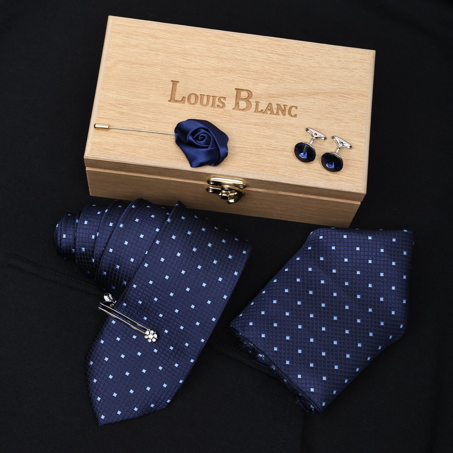 Sky Crystal Navy Italian Silk Neckties Set Pocket Square Silver Tiepin