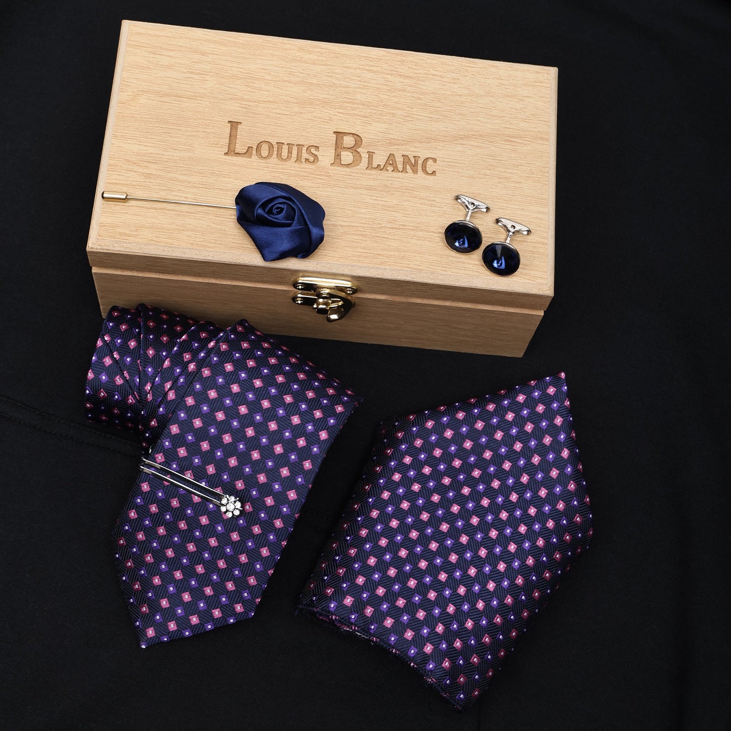 Pink & Purple Design Navy Italian Silk Neckties Set Pocket Square Silver Tiepin