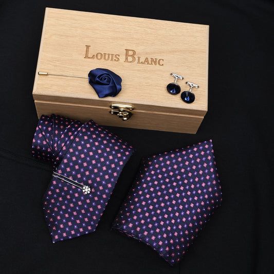 Pink & Purple Design Navy Italian Silk Neckties Set Pocket Square Silver Tiepin