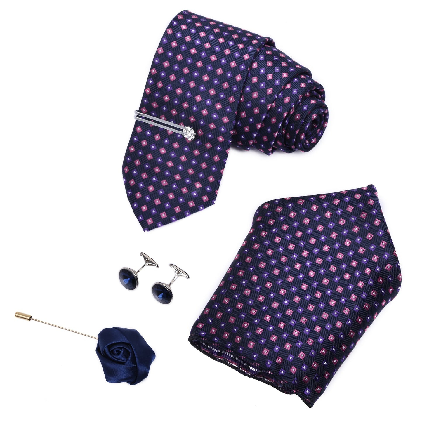 Pink & Purple Design Navy Italian Silk Neckties Set Pocket Square Silver Tiepin