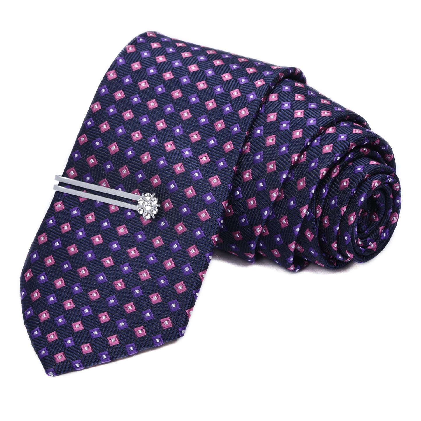Pink & Purple Design Navy Italian Silk Neckties Set Pocket Square Silver Tiepin
