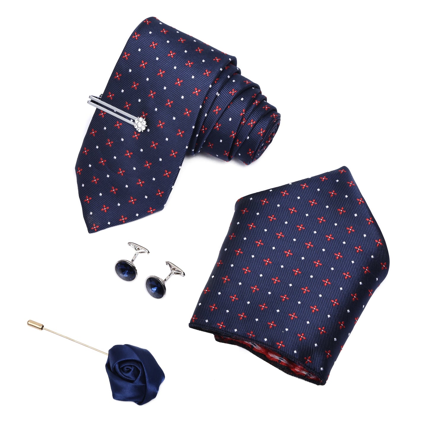 Navy & Red Design Italian Silk Neckties Set Pocket Square Silver Tiepin