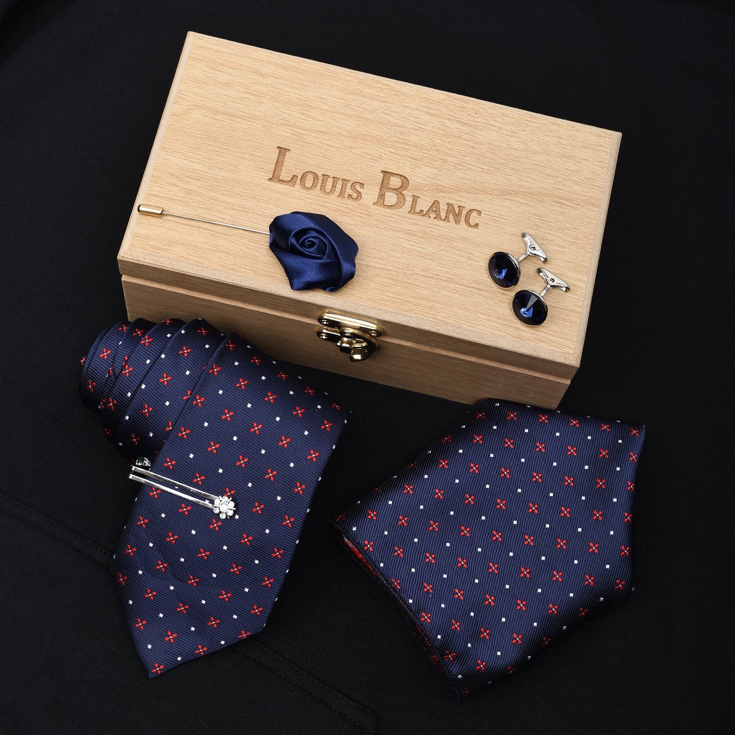 Navy & Red Design Italian Silk Neckties Set Pocket Square Silver Tiepin