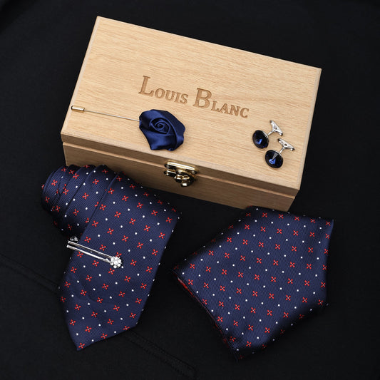 Navy & Red Design Italian Silk Neckties Set Pocket Square Silver Tiepin