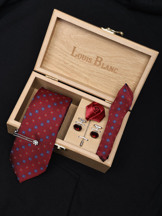 Royal & Maroon Italian Silk Neckties Set Pocket Square Silver Tiepin