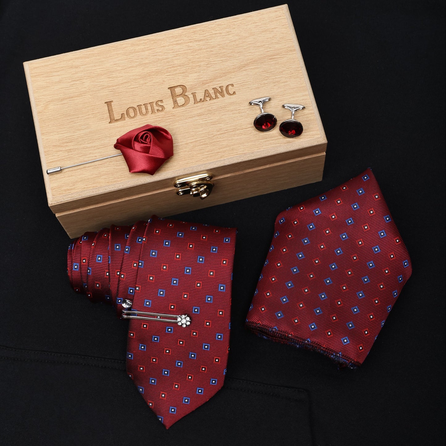 Royal & Maroon Italian Silk Neckties Set Pocket Square Silver Tiepin