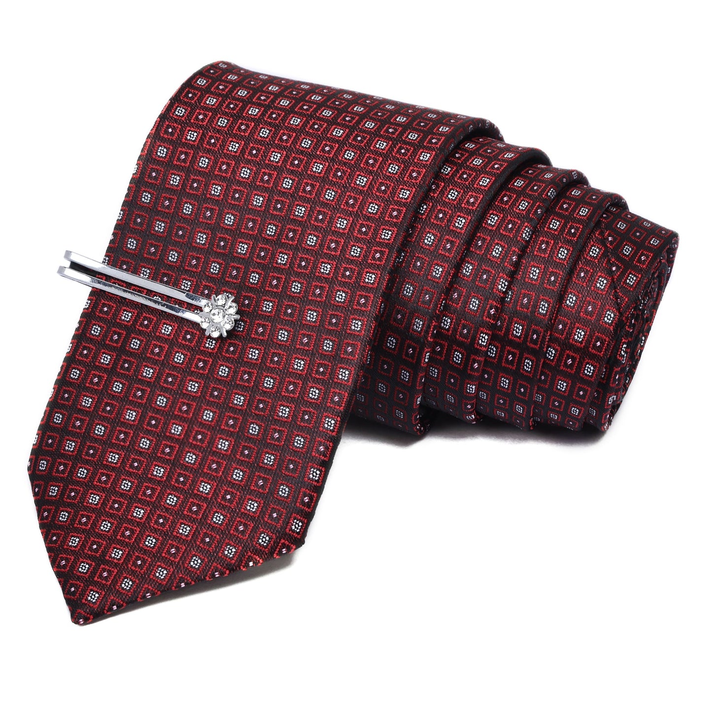 White Dot Wine Italian Silk Neckties Set Pocket Square Silver Tiepin