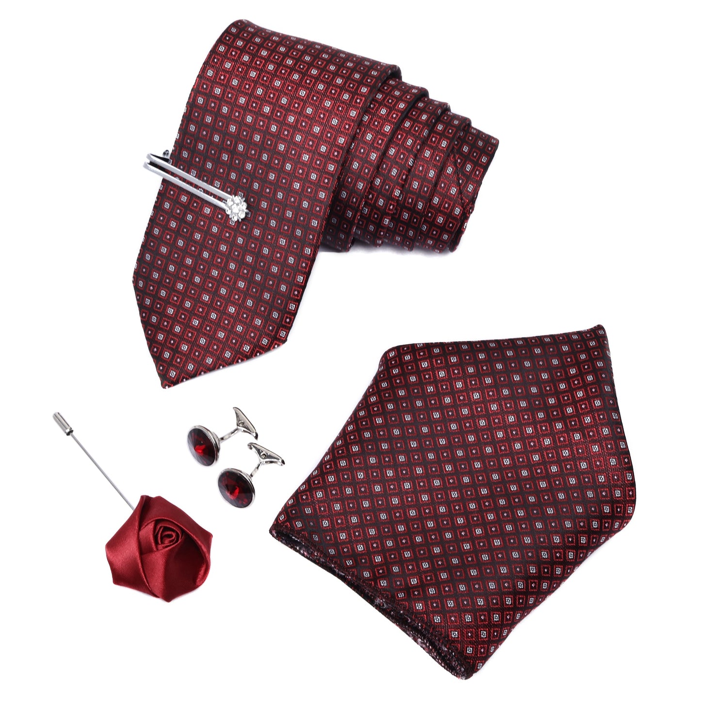 White Dot Wine Italian Silk Neckties Set Pocket Square Silver Tiepin