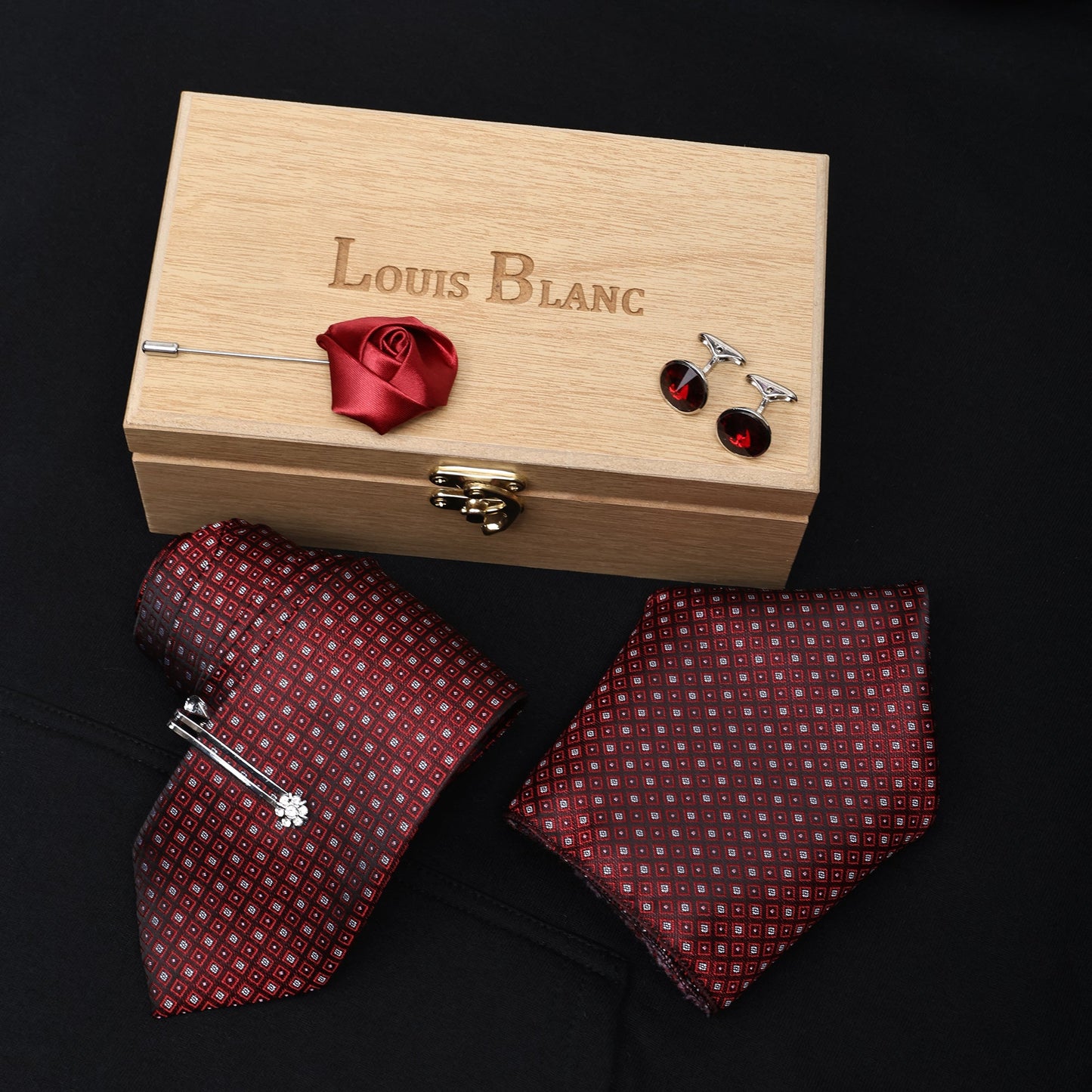 White Dot Wine Italian Silk Neckties Set Pocket Square Silver Tiepin