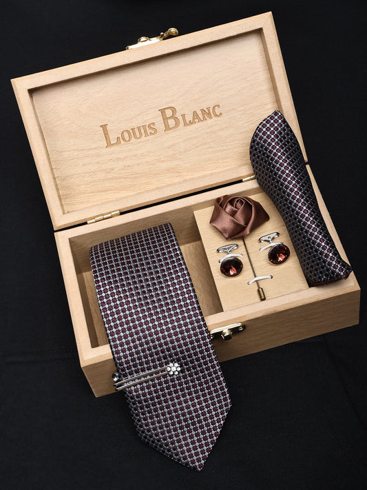 Grey Maroon Italian Silk Neckties Set Pocket Square Silver Tiepin