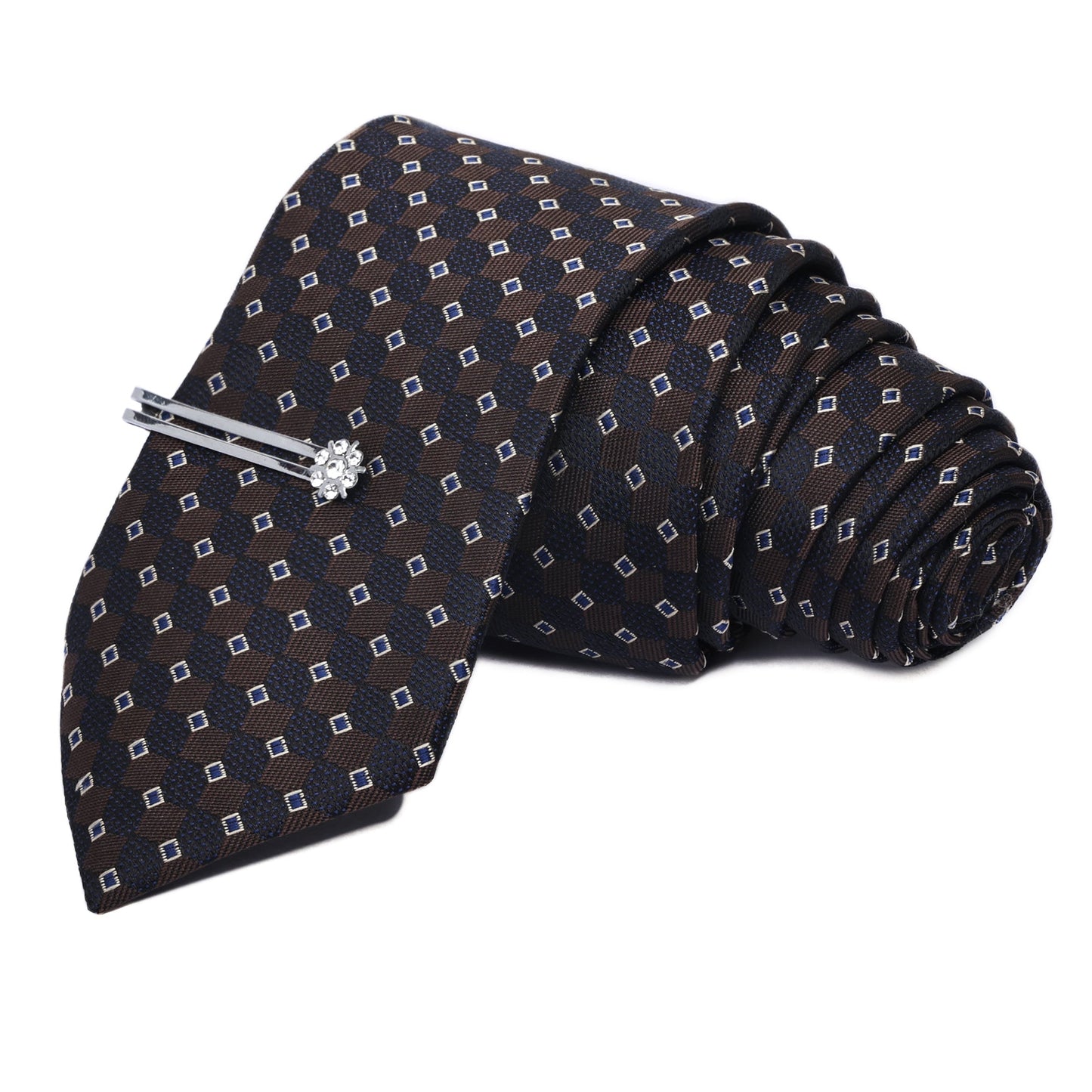 Brown Italian Silk Neckties Set Pocket Square Silver Tiepin