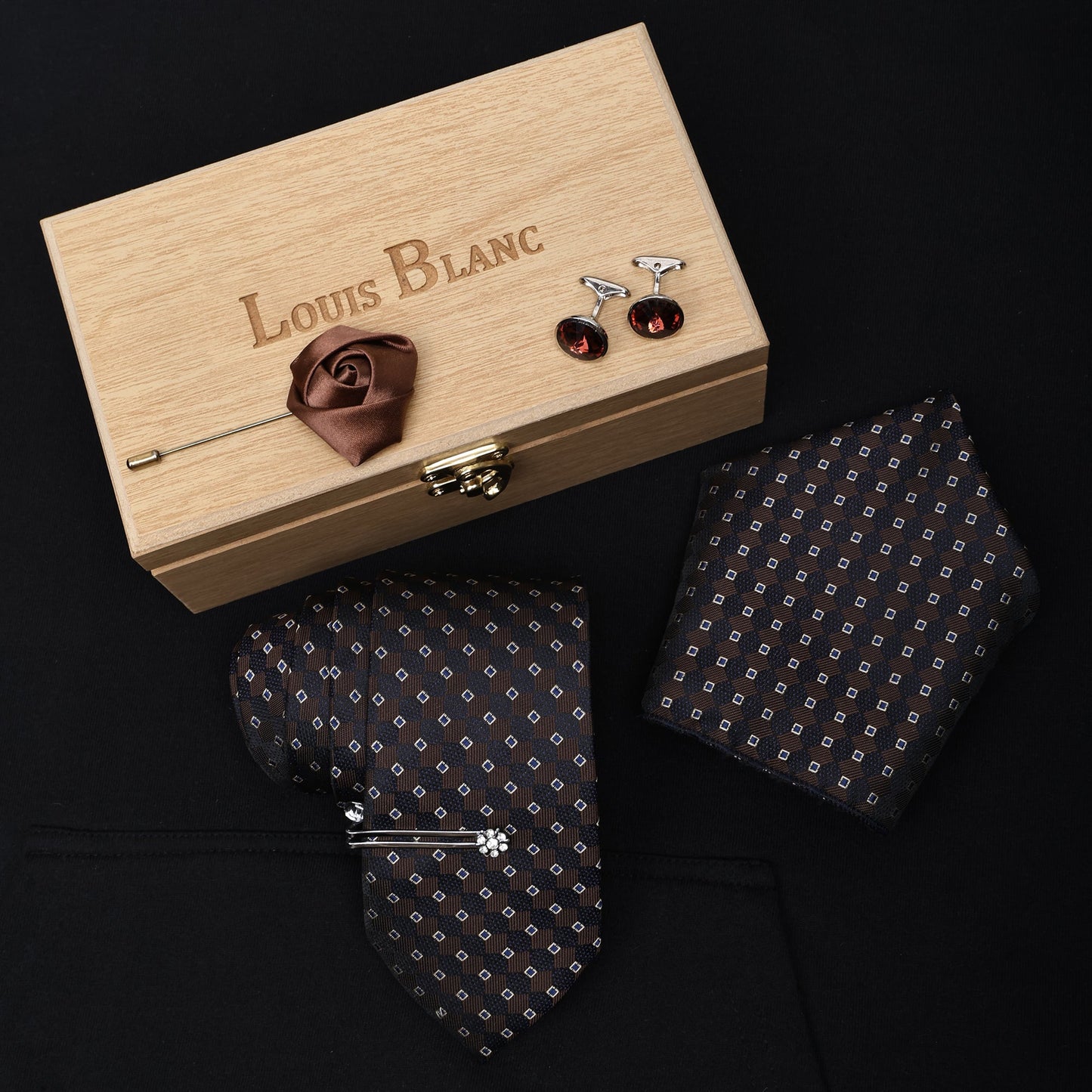 Brown Italian Silk Neckties Set Pocket Square Silver Tiepin