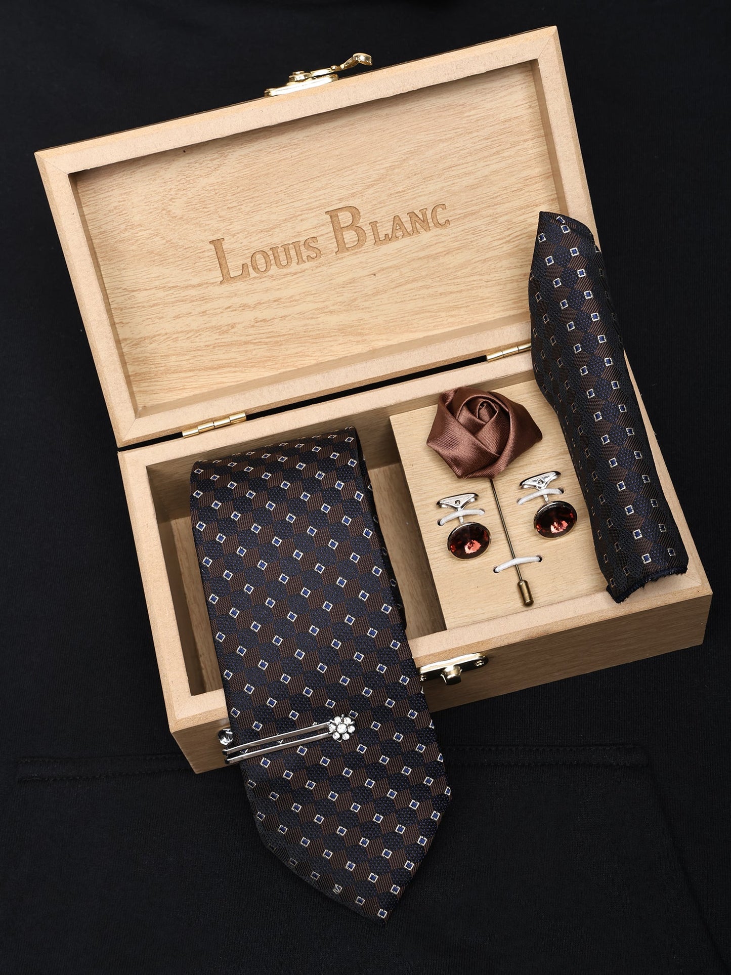 Brown Italian Silk Neckties Set Pocket Square Silver Tiepin