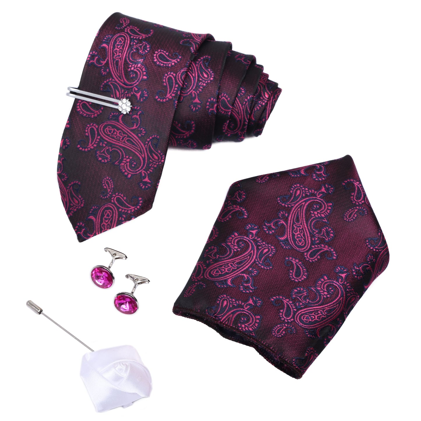 Purple Kari Italian Silk Neckties Set Pocket Square Silver Tiepin