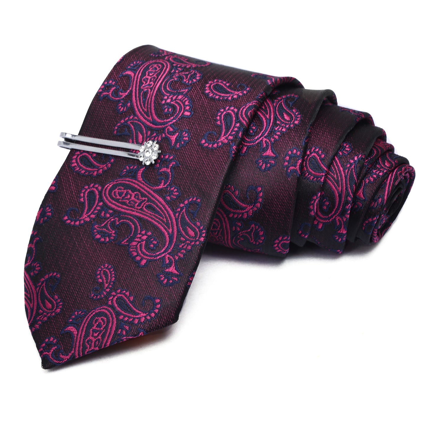Purple Kari Italian Silk Neckties Set Pocket Square Silver Tiepin