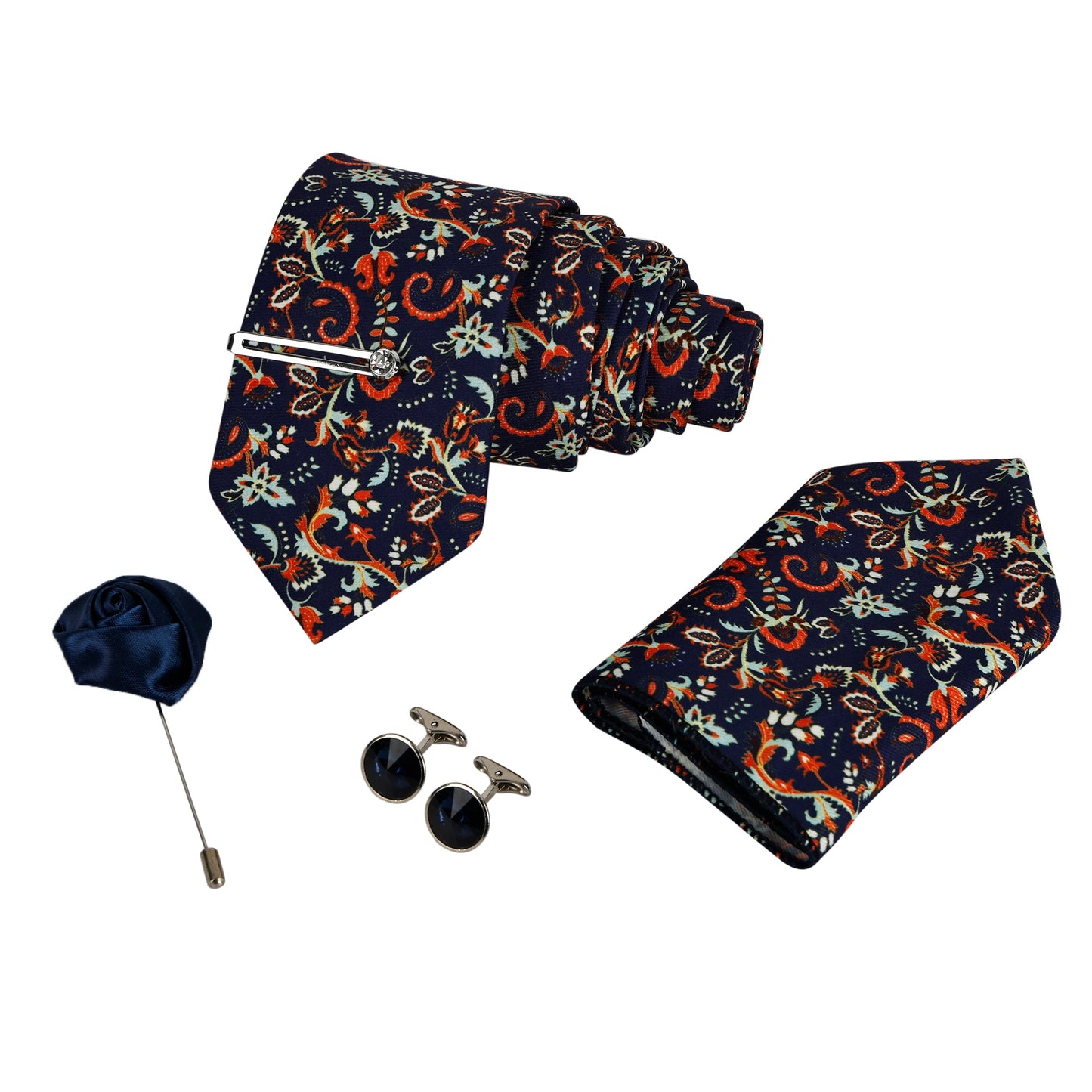 Cerulean Blue Luxury Italian Silk Necktie Set With Pocket Square Silver Tie Pin, Cufflinks & Brooch